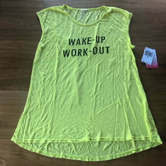 PINK LOTUS YELLOW “WAKE-UP WORK-OUT” SLEEVELESS MUSCLE SHIRT - Picture 2 of 8